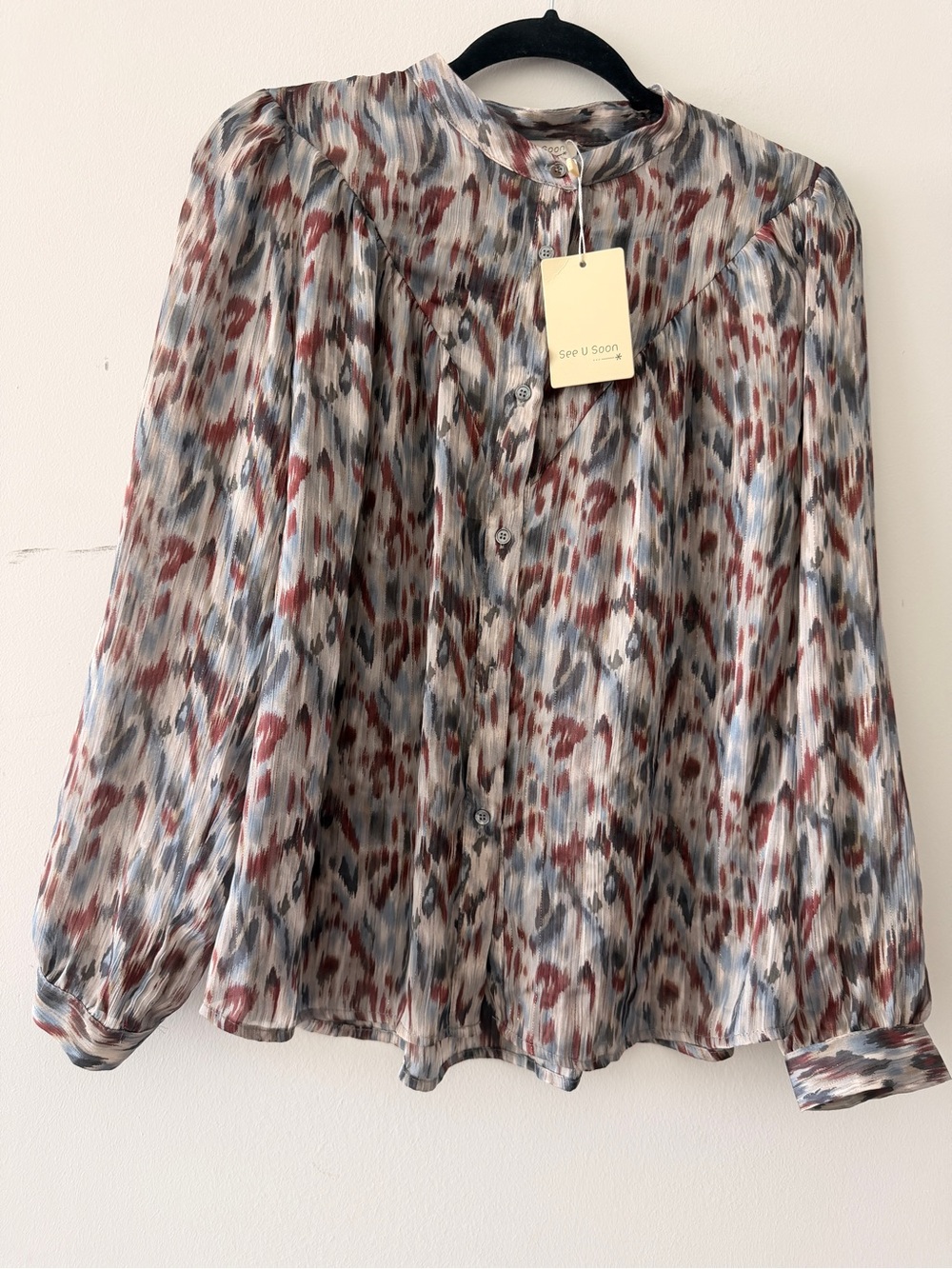 NWT Women’s Abstract Ikat Print Button Front Blouse Long‎ Sleeve Boho Small